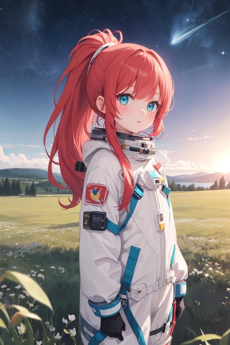 masterpiece, best quality, 1girl,solo,space suit,meadow,grass,late night,starry sky,red hair,ponytail,aqua eyes,looking at viewer,((facing viewer))