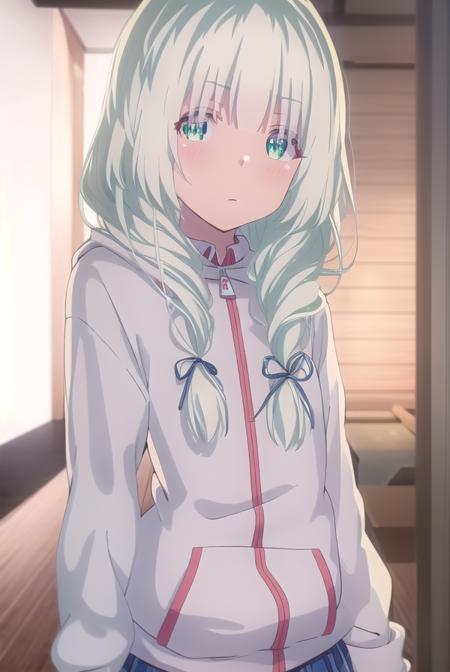 koharuootori, <lora:koharu ootori s1-lora-nochekaiser:1>,
koharu ootori, long hair, bangs, (green eyes:1.3), hair ribbon, braid, white hair, blue ribbon, hair over shoulder,
BREAK shirt, long sleeves, white shirt, collared shirt, hood, sleeves past wrists, hoodie, yellow jacket,
BREAK indoors, classroom,
BREAK looking at viewer,
BREAK <lyco:GoodHands-beta2:1>, (masterpiece:1.2), best quality, high resolution, unity 8k wallpaper, (illustration:0.8), (beautiful detailed eyes:1.6), extremely detailed face, perfect lighting, extremely detailed CG, (perfect hands, perfect anatomy),