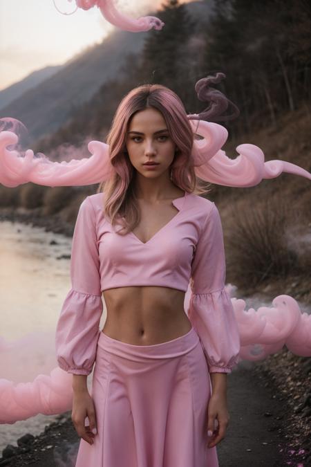 (Art Photography, Award Winning)  ((dark blonde DV_Ella_Vicious girl with a( pink smoke bomb:1.4) on the bank of a mountain river with pink pink flowing dress)) , Steve McCurry, 35mm, F/2.8, ((Photo Focus, DOF, Aperture, insanely detailed and intricate, character, hypermaximalist,  beautiful,  revealing, appealing, attractive, amative, hyper realistic, super detailed, heresy flares))(DOF, blurry background, sunset in the back of the character)Lens Flare, Heresy flare (skinny body, fit body, slim, abs)