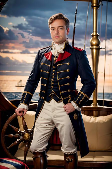 Standing at the wheel of a 18th century British war ship, LucasKnight, wearing the uniform of an 18th century British Commodore, wearing saber, hand on the ship's wheel, dignified look, intricate details, masterpiece, photorealistic, (((full body portrait))), wide angle  <lora:LucasKnight-000009:0.85>