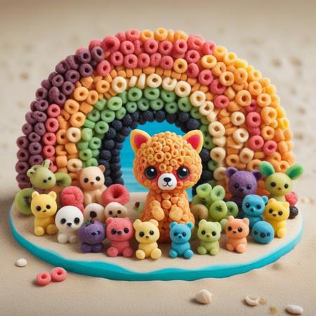 score_9, score_8_up, score_7_up, rainbow colors, chibi animals, made of fruit loops animals, made of fruit loops, cute design, 
beach background,