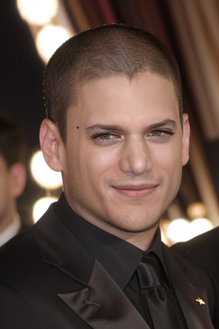 upper body portrait, w3nm1l, handsome man, looking at viewer, piercing eyes, handsome, buzz cut, short hair, at the oscars, in a grey suit, crowded, people in the background, amateur, candid