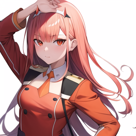 masterpiece, best quality, 1girl, zero two, uniform, military uniform, red jacket, orange necktie, honey<lora:qqq-zero_two-v1:0.6>