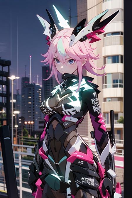 sakura neon, 1girl, solo,cowboy shot,armor, cityscape,,night,tokyo \(city\), <lora:sakura_neon-000007:1>