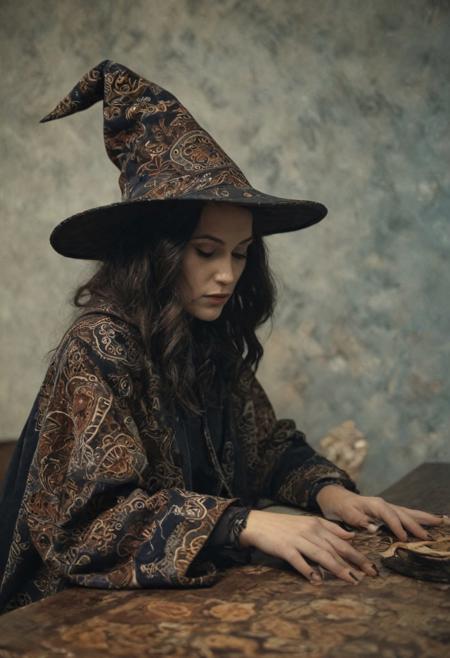 witch wearing hat and coat made out of batik fabrics on the table,
masterpiece, UHD, sharp and in focus. emotional, harmonious, vignette, highly detailed, high budget, bokeh, cinemascope, moody, epic, gorgeous, film grain, grainy