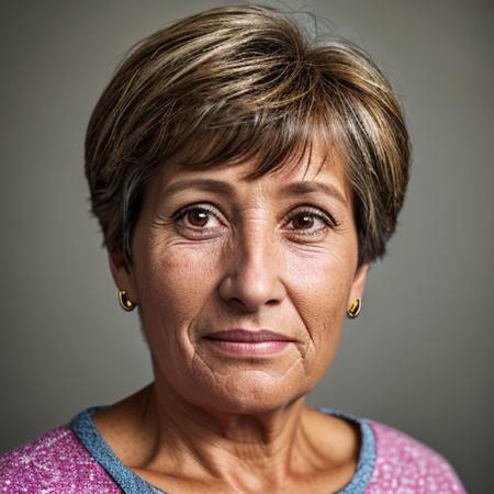"Create a hyper-realistic portrait of a 55-year-old woman who has just come from the factory to have his photo taken in a studio. Capture the essence of his hardworking spirit, with details like sun-kissed skin, a hint of soil on his clothing, and a backdrop that suggests a professional photo session."