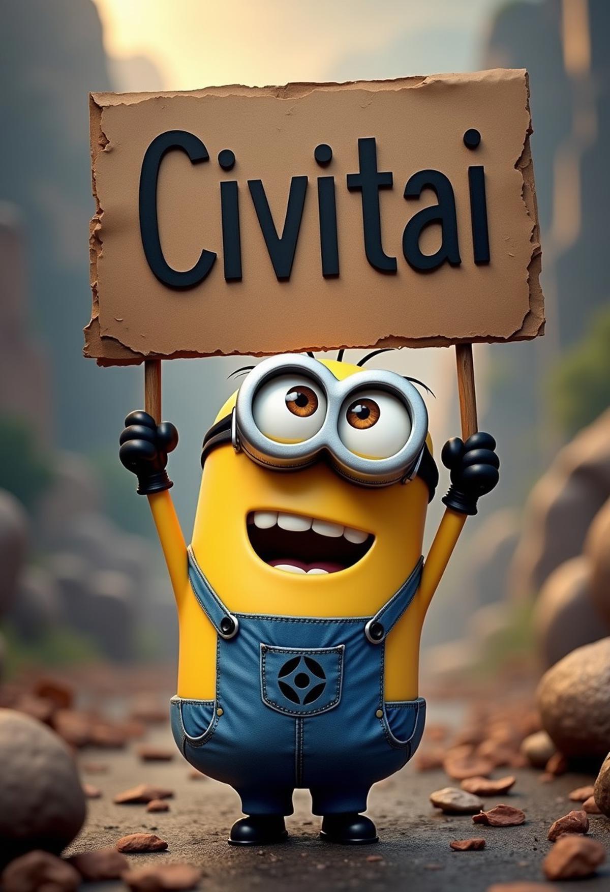 a minion , masterpiece,(holding up a sign with the word "Civitai":1.8), epic background, positive emotional,