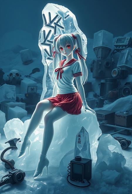 A breathtaking ice sculpture in a vast post-apocalyptic wasteland, featuring an anime schoolgirl carved from pristine, translucent ice with crystalline clarity. The figure sits gracefully on a frozen industrial debris, one long, elegant leg extended, the transparent ice capturing the ethereal beauty of her porcelain-like skin. Her traditional Japanese sailor uniform with white top and red pleated skirt appears frozen in time, with delicate ice crystals forming along the edges. Her long gray-blue twin tails, tied with red ribbons, seem to float in a perpetual winter breeze, while her red eyes are crafted from specially colored ice that catches the light dramatically. The surrounding environment is a haunting frozen wasteland, with mountains of frost-covered gas masks, iced-over biohazard containers, and vintage electronics entombed in layers of ice and snow. Rusted Fujifilm containers and mechanical debris peek through the crystalline formations. The entire scene is illuminated by a cold, bluish light that refracts through the ice sculpture, creating rainbow prisms and ethereal light patterns. Steam rises from patches of ground, adding an eerie atmosphere to the frozen apocalyptic scene. Photorealistic ice textures with subsurface light scattering, 8K resolution, cinematic lighting with emphasis on translucency and reflection, shallow depth of field focusing on the ice figure.