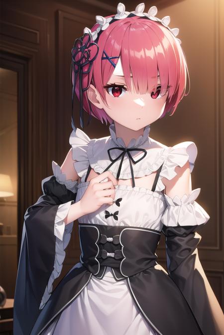 rezeroram, <lora:rezeroram-lora-nochekaiser:1>, 
ram, hair flower, hair ornament, hair over one eye, pink hair, (red eyes:1.5), short hair, x hair ornament, bangs, blunt bangs, (flat chest:1.2),
BREAK apron, black bow, black dress, black ribbon, bow, detached sleeves, dress, frilled apron, frilled sleeves, frills, juliet sleeves, long sleeves, maid, neck ribbon, puffy sleeves, ribbon, roswaal mansion maid uniform, thighhighs, two-tone dress, waist apron, white bow, white dress, white thighhighs,
BREAK indoors, mansion,
BREAK looking at viewer, (cowboy shot:1.5),
BREAK <lyco:GoodHands-beta2:1>, (masterpiece:1.2), best quality, high resolution, unity 8k wallpaper, (illustration:0.8), (beautiful detailed eyes:1.6), extremely detailed face, perfect lighting, extremely detailed CG, (perfect hands, perfect anatomy),