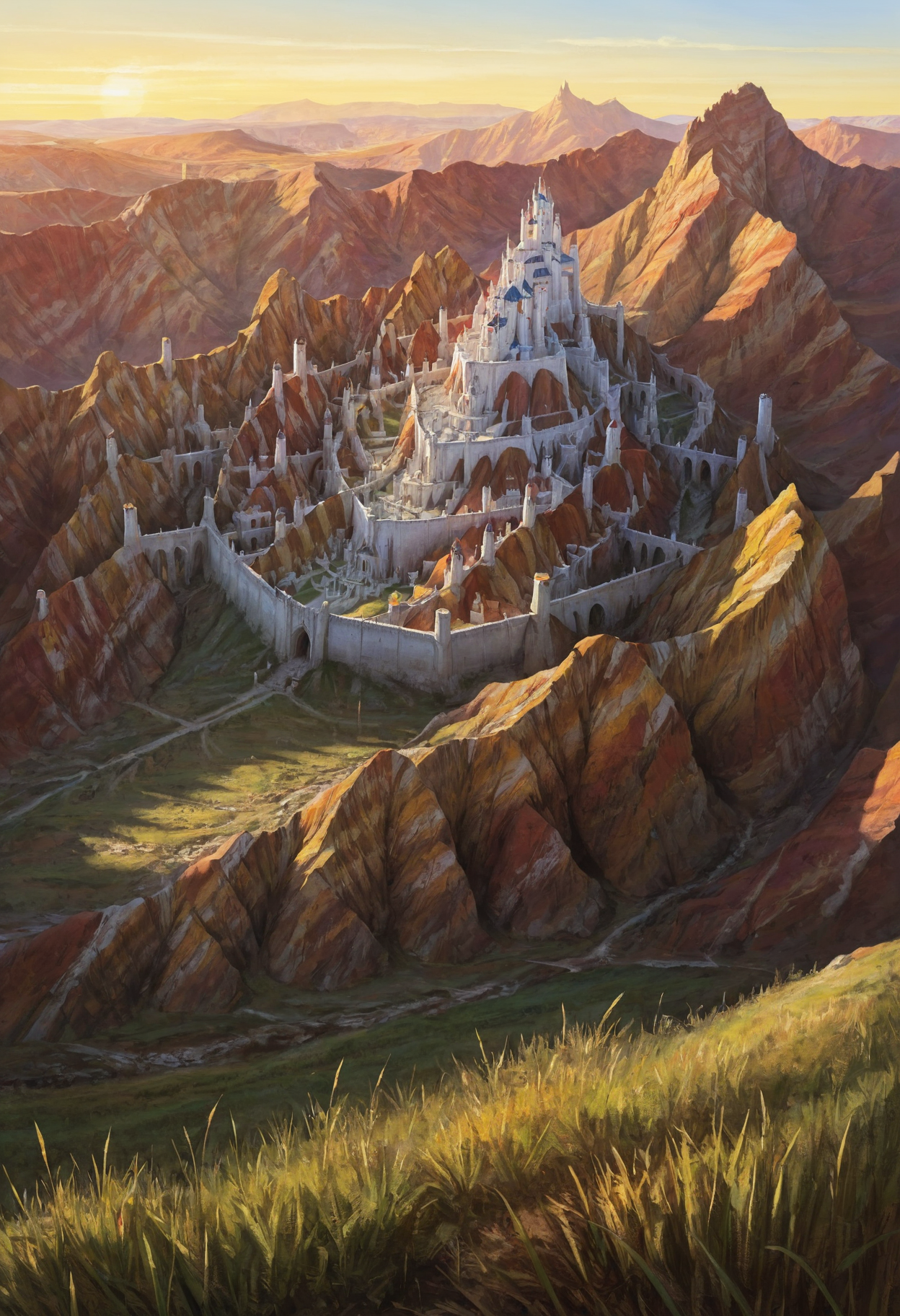 Kholinar, castle at the bottom of a valley, city, colorful rock formations, grass, high fantasy realm, golden hour, <lora:Kholinar_City_-_Stormlight_Archive:0.6>