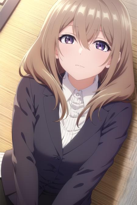 shiori katase, long hair, brown hair, hair between eyes, (purple eyes:1.1), light brown hair, skirt, shirt, black skirt, formal, suit, pencil skirt, office lady, business suit,