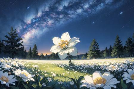 flower, white flower, star (sky), 1girl, grass, leaf, sky, plant, starry sky, solo, outdoors<lora:huafeng:0.8>