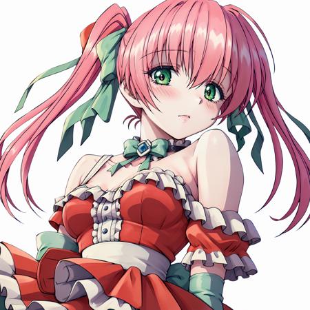 SUIdol,1girl,pink hair,twintails,hair ribbon,green eyes,multicolored eyes, medium breasts, red dress,off -shoulder,sleeveless,frill, sash, skirt, elbow gloves,