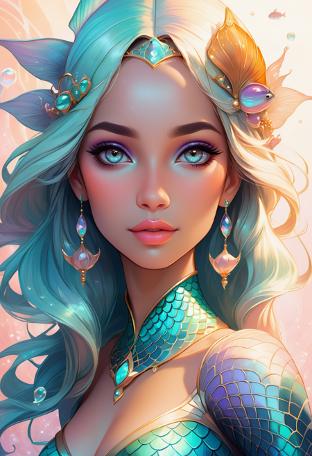 Masterpiece, high quality, stunning composition, highly rated artwork, detailed art, many details, fairytale, storybook detailed illustration, complex background. ((looking at viewer))
black fish princess, face closeup, mermaid, Sensual pout, beehive, Futuristic minimalism, ((pastel colors))
<lora:20250419-1745075667520:0.8>,  <lora:SDXLFaeTastic2400:0.6>