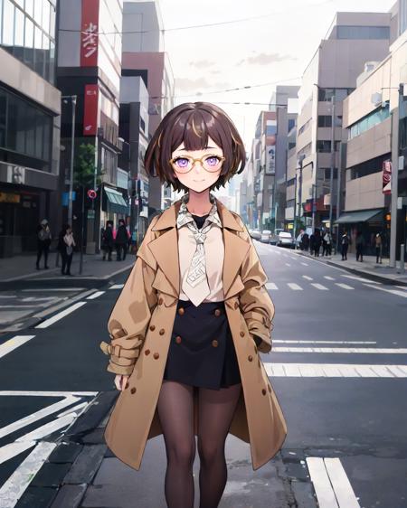 1girl, solo, tokyo, street, walking, melfissacasual, collared shirt, short hair, glasses, coat, black skirt, pantyhose, smile, (empty eyes)<lora:anya_melfissa_3_outfits:1>