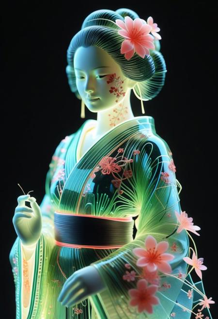 <lora:World_of_Glass_Filament:0.6> made of, tiny neon (glass:1.1) filaments, w0gf1l, Android, geisha, with robotic parts, in flowery kimono, Intricate details, 8 k, cinematic <lora:sss:0.8> subsurface scattering, sss <lora:envyStarlight_v10:0.8>