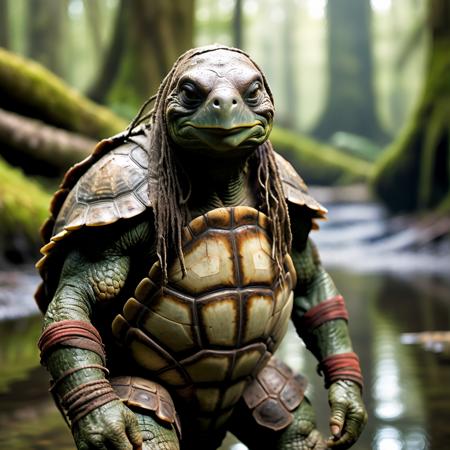 highly detailed portrait photo of a (tortle):1.0 visiting a small primitive swamp camp,

tortle, solo, looking at viewer,colored skin, shoulder armor, gauntlets, pauldrons, spear, breastplate, green skin, chainmail,

a primitive camp in a swampy jungle,

depth of field:1.2, blurry, blurry background,
realistic:1.3,

photorealistic,
fantasy, cinematic,
32k, best quality, 
god rays:1.2,
dappled sunlight:1.1,
shadow play:1.1,




