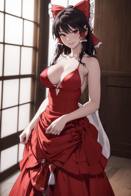 ((Masterpiece, best quality,edgQuality,photorealistic, hyper realistic)),standing,posing for a picture smiling, (Hakurei Reimu)
edgDreamy, ballgown, a woman in a red dress posing for a picture , wearing edgDreamy_dress,plunging neckline,breasts apart
 <lora:edgDreamyGowns:1>