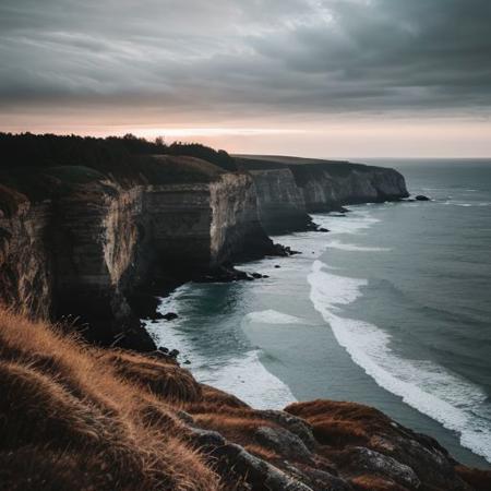 raw photo, a sunset landscape, oregon coast,  cliffs, cozy, photorealistic, high detailed texture, 8k uhd, dslr, soft lighting, high quality, film grain, Fujifilm XT3, Sony A7 IV, highly detailed photography, (muted colors, cinematic, dim colors, soothing tones:1.2), vibrant, insanely detailed, hyperdetailed, (dark shot:1.2), (vsco:0.3), (intricate details:0.9), (hdr, hyperdetailed:1.2) (highest coherency: 1.39) (highest quality: 1.39)
