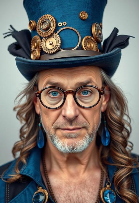 Steampunk portrait. Layout: Close-up shot. Subject: A mature man with fair skin and long, wavy hair, wearing a blue top hat adorned with intricate brass gears, a clock, and black fabric. The person has striking green eyes and wears unique, ornate glasses with a leaf-like design. The attire includes blue and black clothing with large, blue gemstone accessories. The background is a soft, light gradient, keeping the focus on the subject's detailed and expressive facial features.