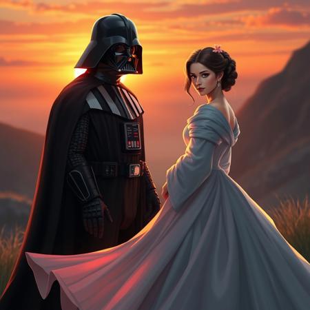Digital art, depicting Darth Vader and Padmé Amidala in a romantic setting. Padme is in a flowing gown, Darth Vader is standing beside her. They are looking towards the viewer, with a neutral expression. Warm lighting and a bright, beautiful sunset.