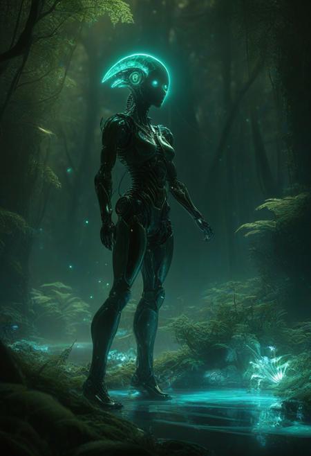 Ultrarealistic. sharp focus, dynamic lighting. play of light, reflection, refraction, Raytracing, Ultra detailed. Alien themed. Alien scenery. alien scenery background. alienworld. A gorgeous female robot in an alien forest. surrounded by ice.enchanting, cosmic, celestial, ethereal, vibrant flora, magical, luminous, serene, dreamy, radiant, bioluminescent, intricate details, surreal, enchanted forest