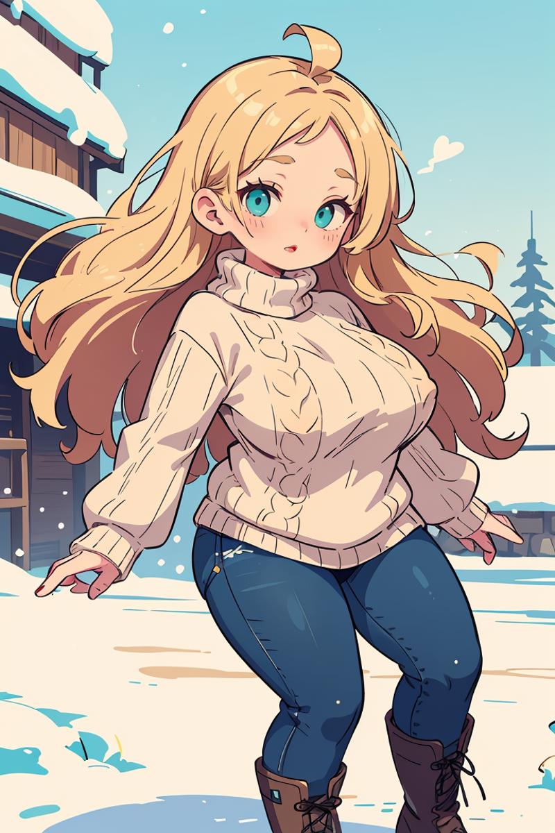 A cartoon drawing of a woman wearing a white sweater and jeans, standing in the snow.