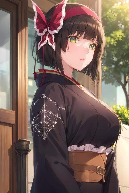 (masterpiece:1.2, best quality), (finely detailed beautiful eyes: 1.2), (extremely detailed CG unity 8k wallpaper, masterpiece, best quality, ultra-detailed),1girl,   medium shot (ms), mio, large breasts, hairband, japanese clothes,  purple kimono , black gloves, hair bow,spider web print, sash , obi, hair ribbon,  High contrast, (best illumination, an extremely delicate and beautiful),(simple backround, outdoors,  front on),  beautiful detailed glow, (beautiful detailed face, beautiful detailed eyes)