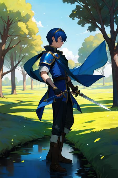 marth tiara, cape, armor, blue tunic, fingerless gloves, belt, pants, boots