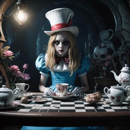 heavy nightmare Version of alice in Wonderland filled with creatres from the story, photorealism, fantasy,  horror lighting, dynamic lighting, very high detailed