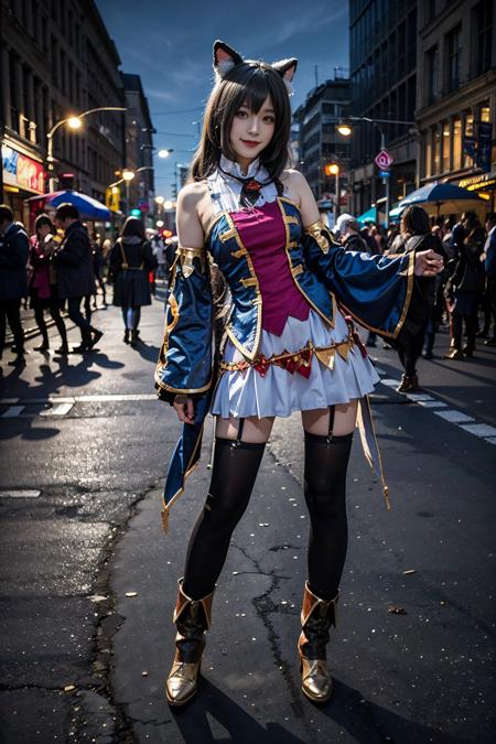 best quality, masterpiece, realistic, (photorealistic:1.4), 1girl, solo, full body, smile, karyl costplay costume, cosplay, animal ears, detached sleeves, thighhighs, boots, detailed background, in street, night, <lora:karyl_cosplay_costume_v1:0.65>