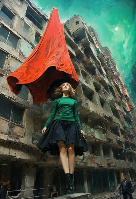 by Dom Qwek and Denys Lasdun,  (magnificent , Abstract Expressionism but extremely beautiful:1.4), (intricate details, masterpiece, best quality:1.4) , view from below, woman with flowing skirts flying between buildings, levitating, clothes like midnight full of stars, 
Cyberpunk style, neon, dystopian, futuristic, digital, vibrant, detailed, high contrast, reminiscent of cyberpunk genre, , looking at viewer, dynamic pose, red and petrol green hue
<lora:add-detail-xl:1> <lora:xl_more_art-full_v1:0.5>  <lora:NicolaSamori:0.5> in the style of nicola samori <lora:looking_at_viewer:2>