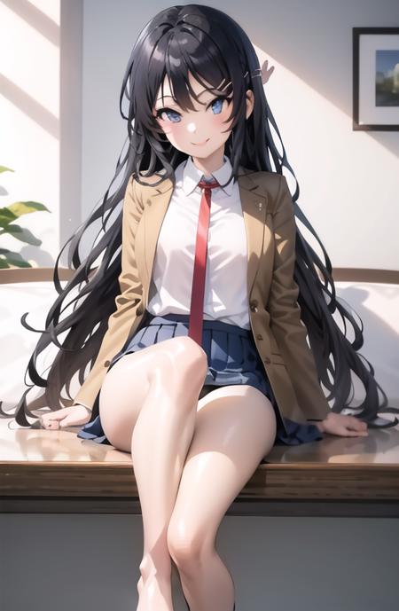 masterpiece, high quality, best quality, high resolution, 4k, high definition, beautiful lighting,highly detailed face, well drawn hands, well drawn legs,well drawn feet,well drawn eyes, 1girl, mai, black hair, long hair, blue eyes, hair ornament, pink bunny hair clips, brown jacket, white shirt, red necktie, blue skirt, black panty hose, standing, smiling, <lora:sakurajima_mai-04:1>