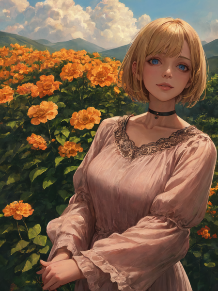 (realistic,painting_style,)mature, 1girl, solo,  amelia watson, virtual youtuber,blonde hair, blue eyes, choker, flower, short hair, realistic eyes, head tilt, smug, looking_at_viewer, sky, mountain, outdoors, cloud, bangs, upper body, pink flower, collarbone, orange shirt, parted lips, lips, lace trim, smile, black choker, mountainous horizon, cloudy sky, standing, holding_flowers