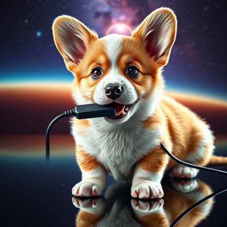 semirealistic, a cute corgi puppy with an unplugged computer cord in its mouth. THE message "be back soon" written, detailed mirroring horizon reflecting polychromic space, straight lines, wining award digital art, hight detailed,Insane resolution. Insane details. Masterpiece. 32k resolution. casting shadow style, cucoloris patterned illumination, cinematic composition and lighting. Masterpiece. Very detailed.