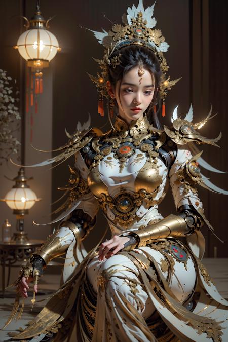 Best quality,masterpiece,ultra high res,(photorealistic:1.4),1girl,detailed skin,jiexieji,robot joints,android,science ficti,,White,upper body,,two tone lighting,sharp focus,octane,unreal,dimly lit,low key,high contrast,Film Light,,leaning forward,,Chinese Zen style, <lora:南冥星垂曜八:1> ,