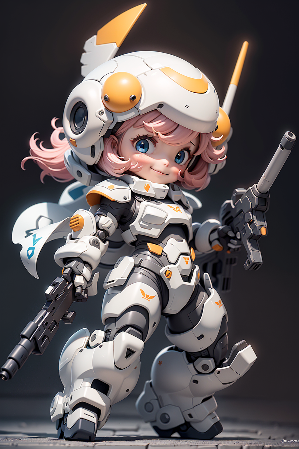 05753-4083598455-BJ_Cute_Mech,1girl,solo,looking_at_viewer,blush,smile,blue_eyes,holding,closed_mouth,standing,full_body,weapon,pink_hair,grey_ba.png