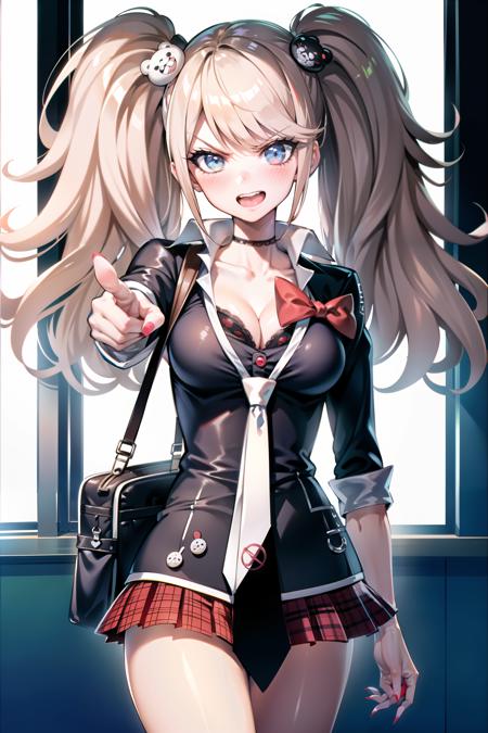 <lora:junko-enoshima-lora-3-10:1>, junko enoshima, blonde long hair, 1girl, twintails, solo, blue eyes, large breasts, bangs, bear hair ornament, (red nails), red bow, black shirt, underwear, choker, black bra, cleavage, collarbone, sleeves rolled up, white necktie, pleated plaid red skirt, (school uniform), black cross-laced knee boots, shiny, shiny hair, school landscape, school corridor, school windows, (pointing at viewer), looking at viewer, hand on waist, tsundere, cute, angry, blushing, open mouth, school bag, beautiful hands, pointing index, five fingers, (fingernails), (red fingernails)