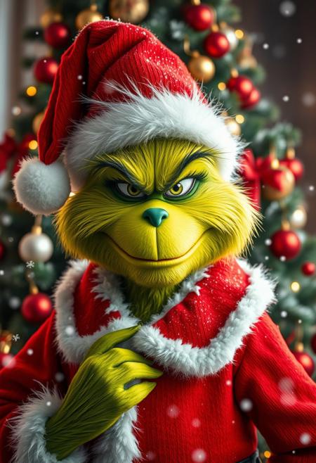 The image portrays a high-quality, festive depiction of the iconic green character, the Grinch, dressed in a classic Santa Claus outfit. The Grinch's fur is vibrantly textured, with his mischievous expression highlighted by arched eyebrows and a sly grin. He wears a red Santa hat with fluffy white trim and a matching coat, adorned with white fur and small snowflakes. Behind him, a beautifully decorated Christmas tree with glowing lights and red and gold ornaments adds a festive backdrop. Snow gently falls, enhancing the holiday atmosphere, while soft bokeh lighting creates a magical and cheerful setting.