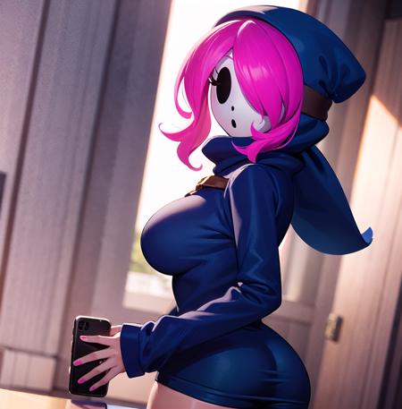 solo focus, foreground focus, 1girl, dress, hood, mask, hollow eyes, hood up, blue dress, hair over one eye, pink hair, long hair, thighhighs (sleeves past fingers, sleeves past wrists), large breasts, (phone, pov, reflection, selfie, taking picture, facing to the side, looking to side)