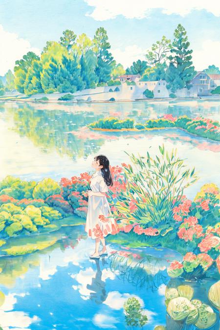 outdoors, solo, traditional media, 1girl, nature, scenery, water, day, lake, shirt, white shirt, wide shot, sky, reflection, grass, black hair, tree, painting (medium), standing,long-range viewï¼waterï¼ <lora:Colored lead_20230801210009:0.82>, (illustration:1.0), masterpiece, best quality,