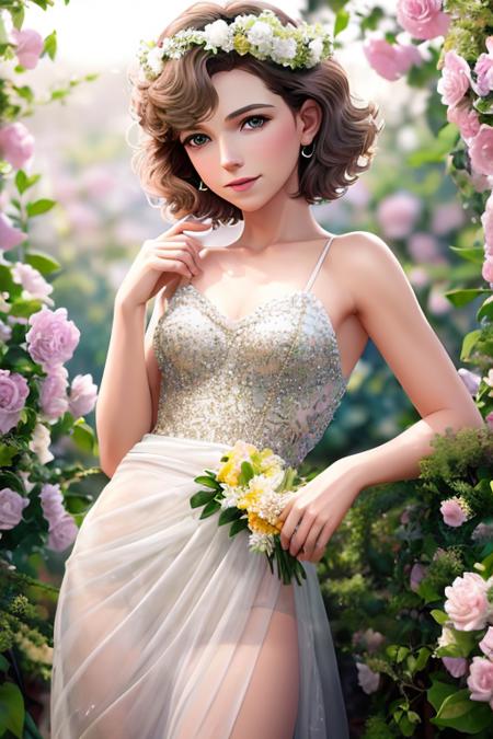 CeciliaDeoSD2 as a woman with a head piece made of flowers and leaves on her head and a sheer white gold dress on her body, 8k, HDR, high saturation, professional photography, fashion photography, photo realistic, 4k, 20 megapixel,