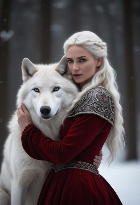 A captivating photograph of an enchanting and emotional scene set in a dimly lit natural environment. A woman with platinum blonde hair, intricately braided to accentuate her face, tenderly embraces a majestic, oversized white wolf. Clad in a dark red gown adorned with intricate details, she exudes elegance and a medieval charm. The radiant, snow-white wolf, with its dense and soft fur, exudes an aura of calm and protection. The background is deliberately blurred and dark, drawing attention to the intimate connection between the woman and the wolf. The woman's dark red dress creates a striking contrast, emphasizing the bond between the human and the wild. The atmosphere is imbued with magic and tranquility, capturing the profound relationship between the two beings.