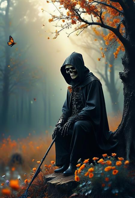 Surrealist art hooded grim reaper covered in flowers holding a long scythe,flower petals falling all around,skull, dark smoke at his feet,highly detailed, sitting on tree stump, view of a lush forested valley, surrounded by butterflies,butterfly landing, scenic, beautiful,sunrise,morning fog, bokeh,hard shadows, dynamic lighting, hd, best quality,<lora:MJ52:.5>, macro photography, extreme close-ups, intricate details, unseen worlds, capturing texture, emphasizing details, revealing beauty in small things, professional lighting, precise focusing, artistic expression, immersive experience, expert technique, Grimdark painting art style, dark and brooding composition, dramatic lighting, captures the sinister and macabre atmosphere . Dreamlike, mysterious, provocative, symbolic, intricate, detailed