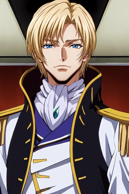 (masterpiece, best quality:1.2), highres, anime screencap, anime coloring, 1boy, solo, male focus, 
Schneizel_ELB_V1, mature male, blonde hair, short hair, bangs, blue eyes, (small eyes:1.2), 
military, military uniform, ascot, brooch, epaulettes, 
looking at viewer, facing viewer, portrait, 
<lora:add_detail_CyberAlchemist:0.4>, <lora:GoodHands-beta2:0.8>, <lora:SchneizelELBV1-000010:0.9>