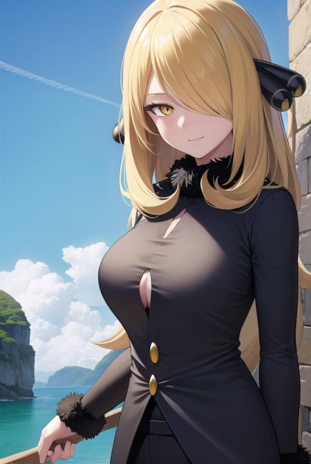 pokemoncynthia, <lora:pokemoncynthia-lora-nochekaiser:1>,
pokemoncynthia, blonde hair, hair ornament, hair over one eye, long hair, (yellow eyes:1.5), <lora:sensualface_type1:1>, smile,
BREAK black coat, black pants, black shirt, coat, fur collar, fur trim, fur-trimmed sleeves, pants, shirt,
BREAK looking at viewer, upper body, full body, (cowboy shot:1.5),
BREAK outdoors, nature, sky,
BREAK <lyco:GoodHands-beta2:1>, (masterpiece:1.2), best quality, high resolution, unity 8k wallpaper, (illustration:0.8), (beautiful detailed eyes:1.6), extremely detailed face, perfect lighting, extremely detailed CG, (perfect hands, perfect anatomy),