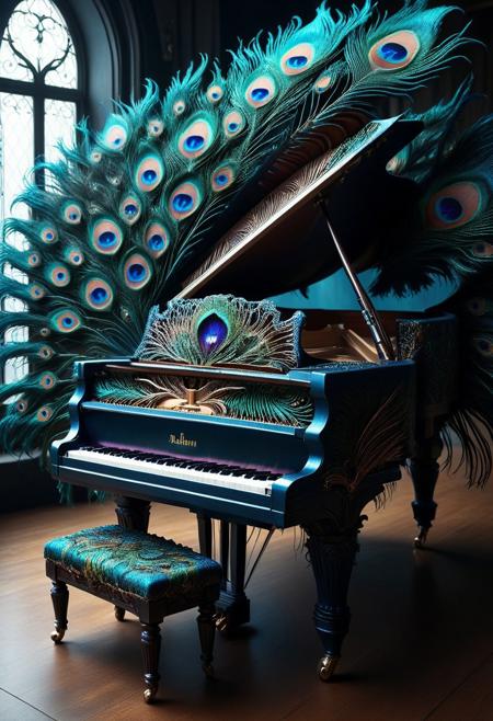 An epic fashion photo of a stylish grand piano made of peacock, Peacock feathers, gothic style, masterpiece, best quality, highly detailed, sharp focus, dynamic lighting, flux-style, mobe-godeen