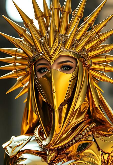lady in gold and chromeveils her face and has a large golden spiked crown, in the style of celestial fashion, otherworldly beauty, gundam, golden age aesthetics