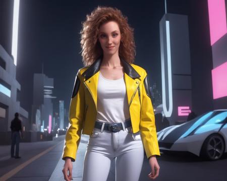 (JudithHoagTMNTApril:1.1), a high resolution RAW photo of a JudithHoagTMNTApril woman with long curly red hair, cyberpunk hairstyle, wearing a cyberpunk style yellow leather jacket and white shirt and denim jeans, sexy standing pose, on a futuristic cyberpunk city sidewalk at night, cyberpunk city with neon lights and futuristic buildings and futuristic sports cars driving by, smiling and ((looking at the camera)), (thin torso, slender, flat chest, smallest breasts, slender build), sexy portrait, <lora:JudithHoag_90s_TMNT_April_ONeil_SDXL:1>