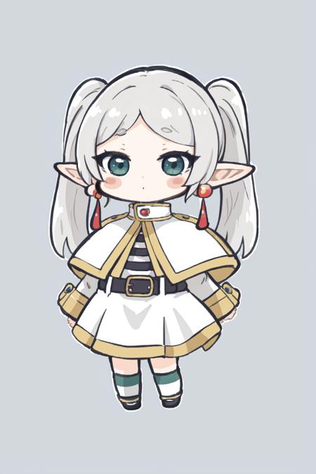 masterpiece, best quality, highly detailed, nozochibi, 1girl, solo, blush stickers, (chibi:1.4), simple background, full body,<lora:nozo-08:1>, frieren, long hair, pointy ears, twintails, jewelry, elf, earrings, capelet, white capelet, long sleeves, parted bangs, dress, belt, <lora:frieren:1>